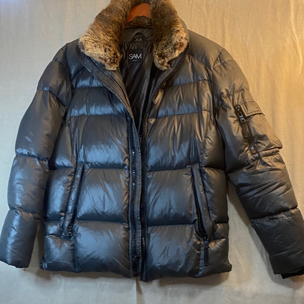 SAM. Metallic Gray Puffer Jacket with Fur Trim